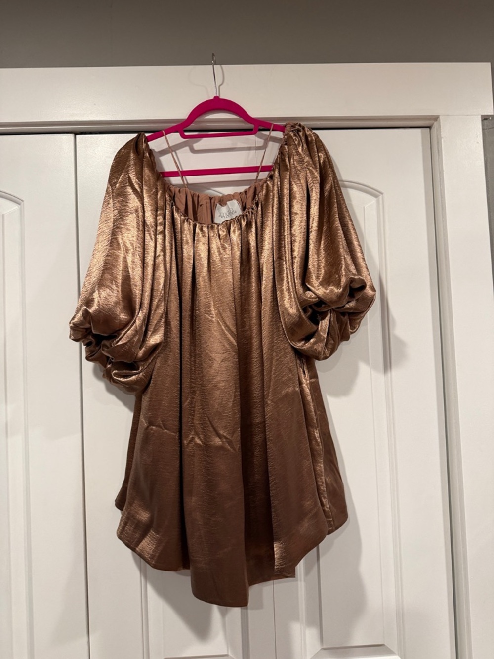 Mare mare at Anthropologie mocha shimmer off the shoulder puff sleeve dress med - Picture 5 of 10